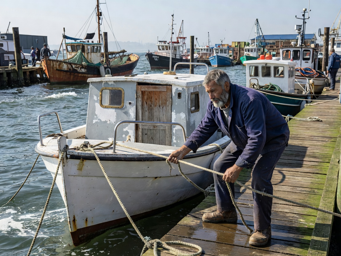 A boat owner checking mooring lines beside a modest cabin boat at a working marina