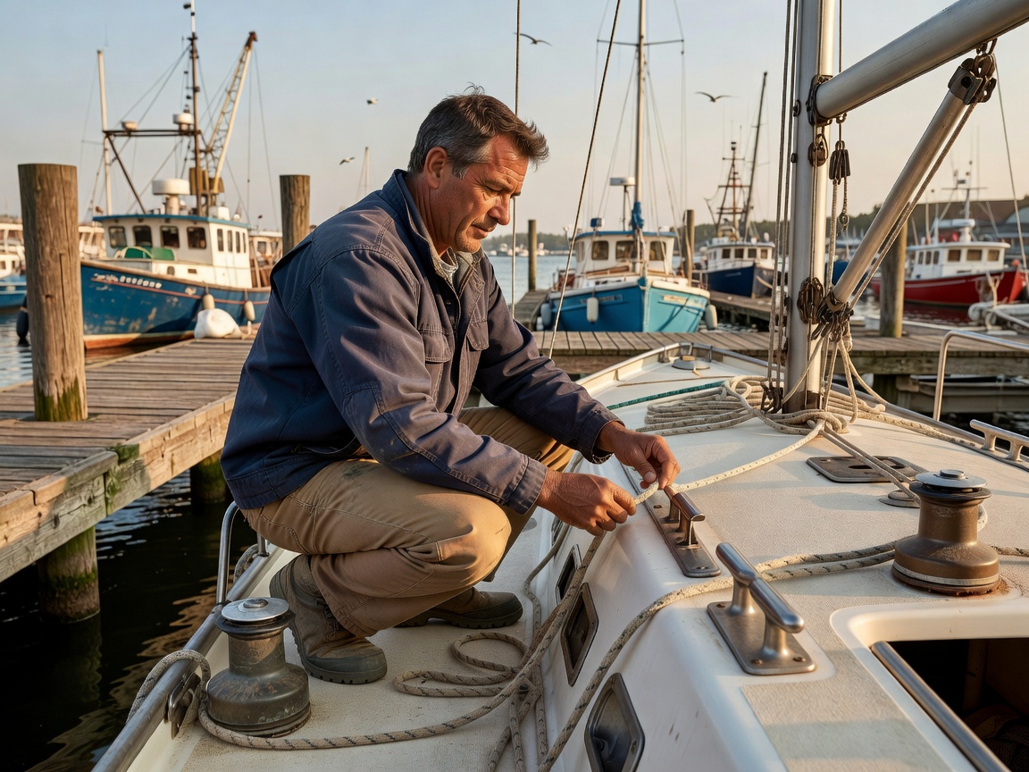 A boater inspecting deck lines and fittings on a small boat in natural light at a working marina