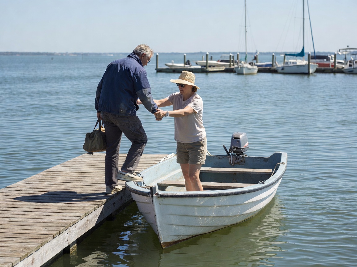 Two people boarding a modest open boat from a marina pontoon in daylight